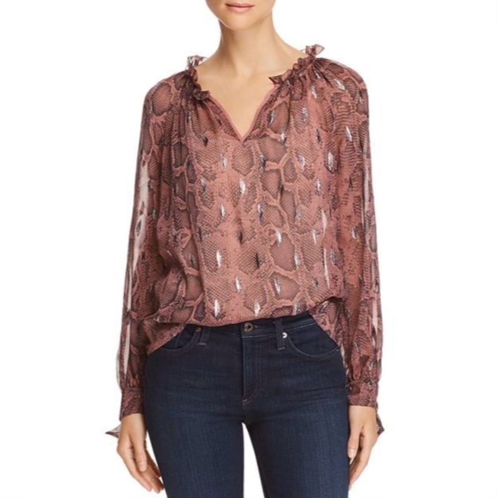 Rebecca Taylor Long-Sleeve Metallic Snake Print Tie Cuff Blouse Sz. 6